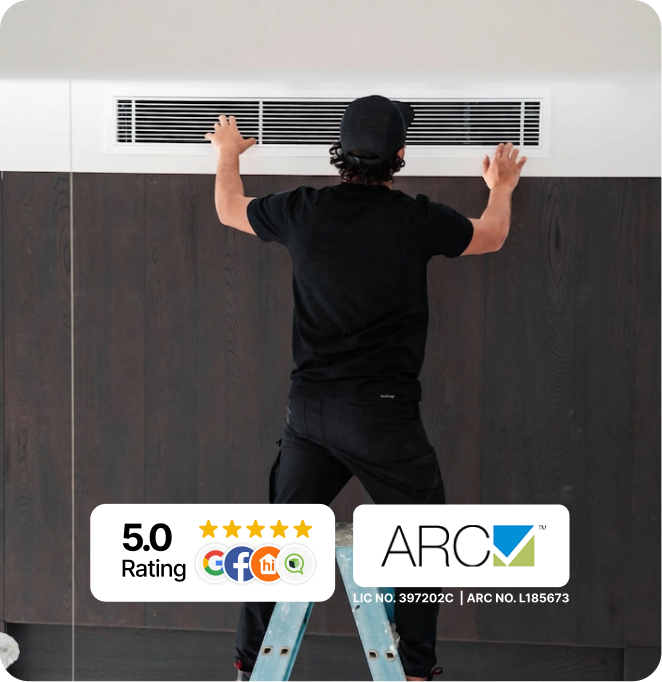 What's included in every install - technician fitting a ducted vent, 5.0 rating and ARC certified